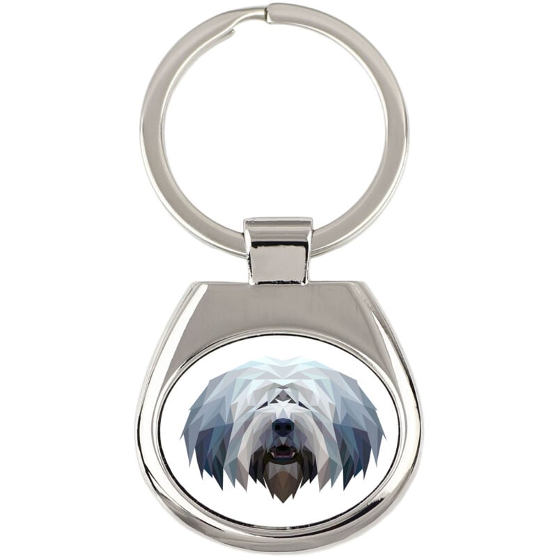 foto del prodotto cane da pastore polacco di pianura, pon portachiavi geometrico con foto e scritta art dog