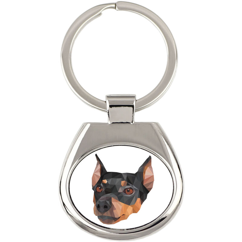 foto del prodotto pinscher medio, pinscher tedesco portachiavi geometrico con foto e scritta art dog