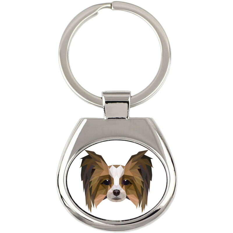 foto del prodotto papillon, spaniel continentale portachiavi geometrico con foto e scritta art dog
