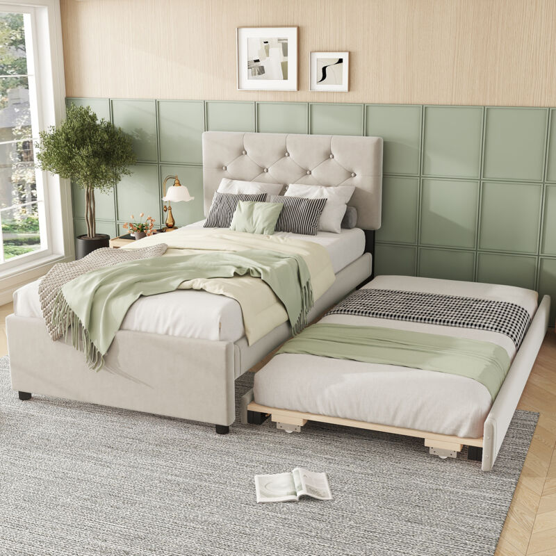 foto del prodotto letti con letti estraibili 90x200cm 90x200cm letti matrimoniale adulti bambini, rete a doghe, velluto, senza materasso, beige