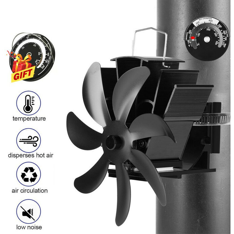 foto del prodotto kzq ventilatore per stufa a 7 pale con termometro, ventilatore per camino nero per stufa a legna, per la casa, silenzioso, risparmio di carburante