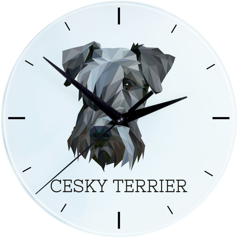 foto del prodotto terrier ceco, cesky terrier orologio da parete geometrico con foto e scritta di art dog
