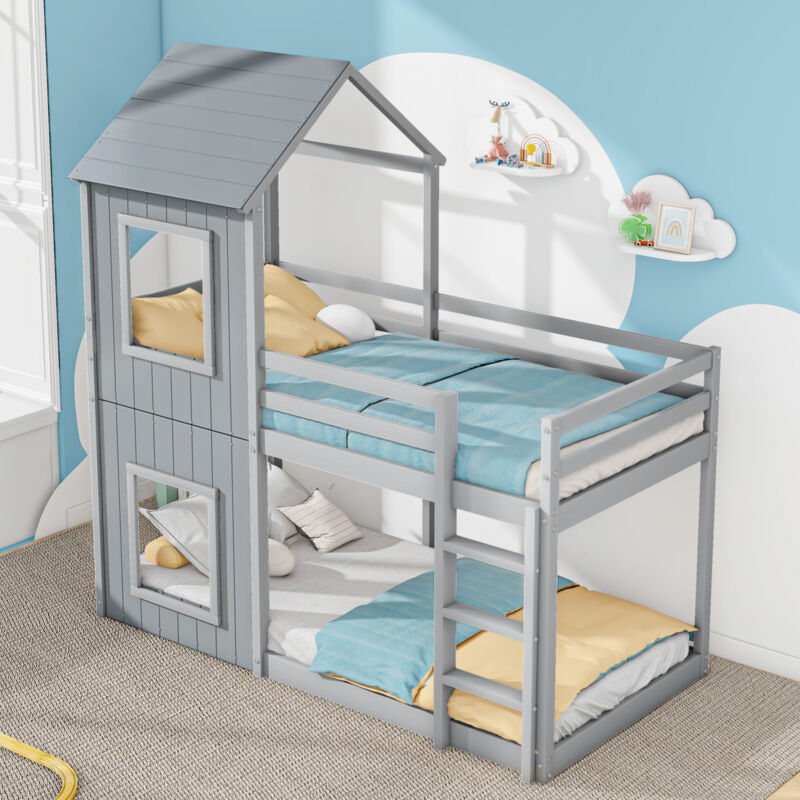 foto del prodotto struttura letto a castello 90x200cm letti matrimoniale per bambini con finestra, forma casa, pino, senza materasso, grigio