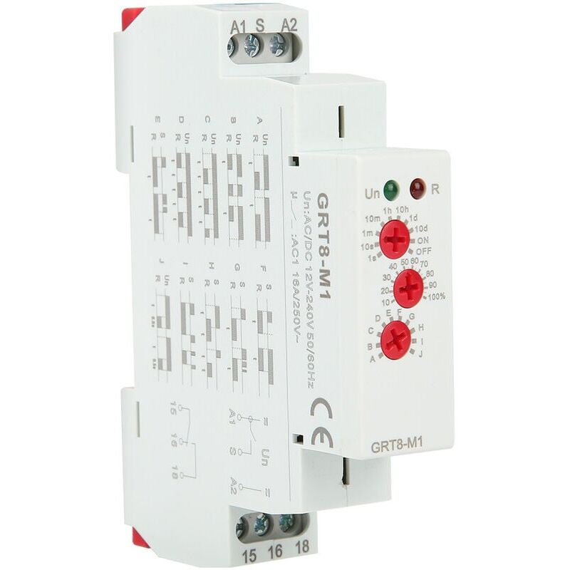 foto del prodotto kzq rel temporizzato grt8 m1 con 10 funzioni montaggio su guida din da 35 mm ca cc 12 v240v 50 60hz