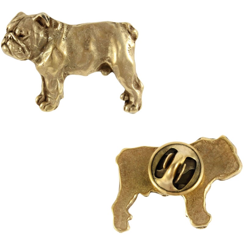 foto del prodotto bulldog inglese, bulldog i spilla per cani in una scatola decorativa, elegante spilla placcata in oro, spilla da giacca del marchio art dog