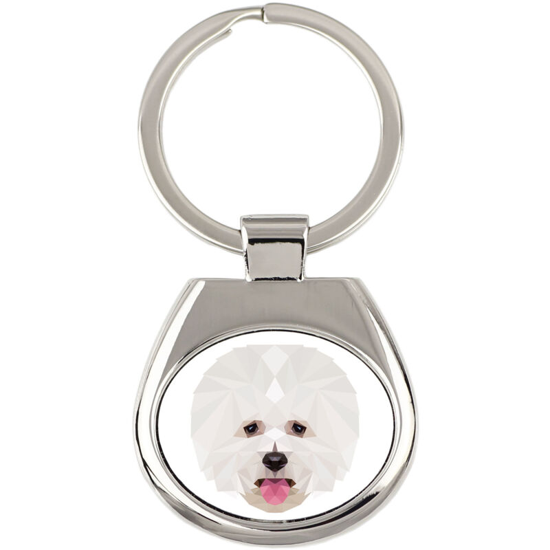foto del prodotto bichon frise, tenerife dog portachiavi geometrico con foto e scritta art dog