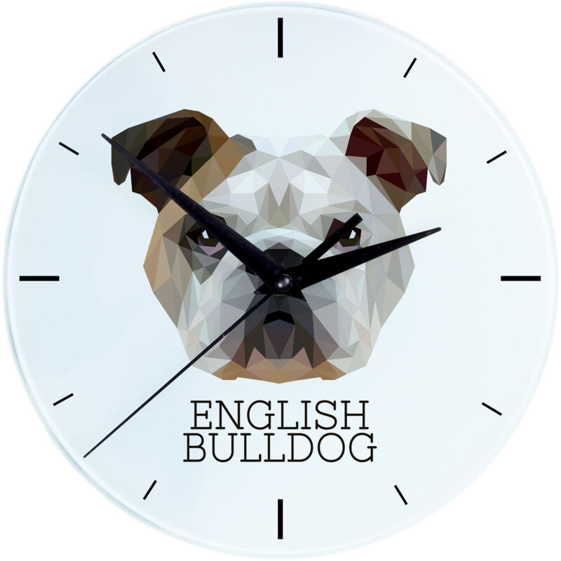 foto del prodotto bulldog inglese, bulldog orologio da parete geometrico con foto e scritta di art dog