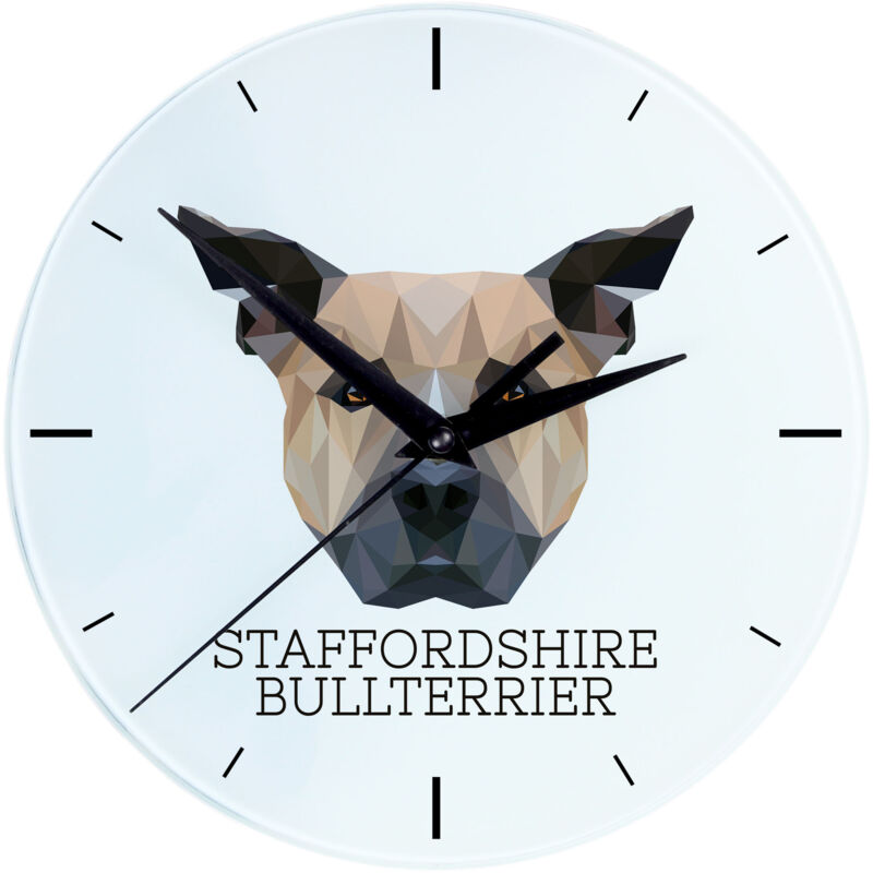 foto del prodotto staffordshire bull terrier, staffik, staffi orologio da parete geometrico con foto e iscrizione di art dog