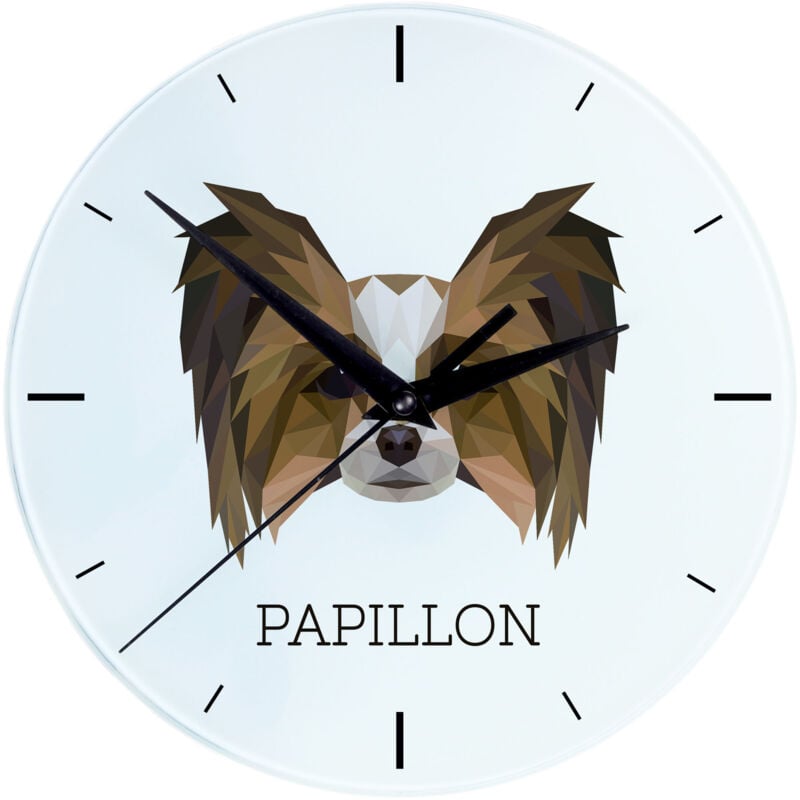 foto del prodotto papillon, spaniel continentale orologio da parete geometrico con foto e iscrizione di art dog
