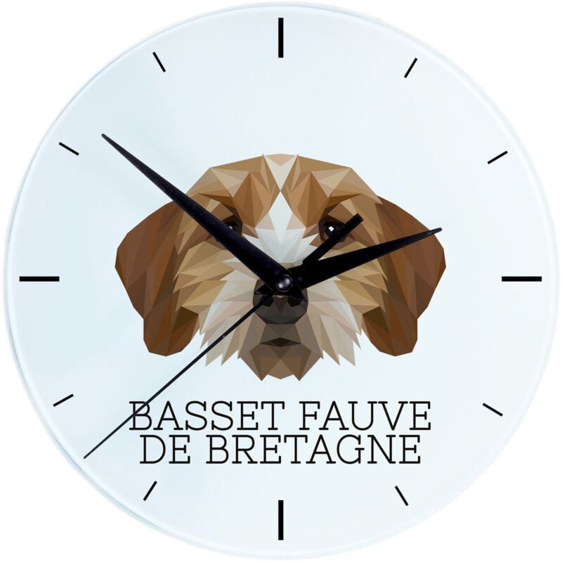 foto del prodotto basset breton, basset fauve de bretagne orologio da parete geometrico con foto e iscrizione di art dog