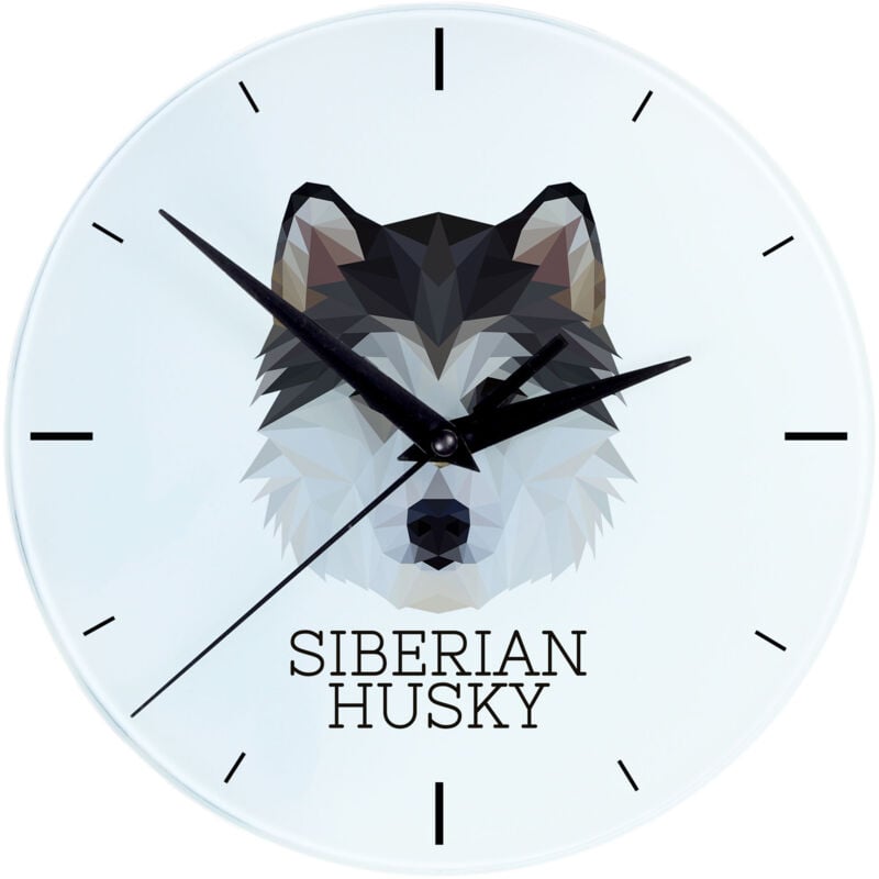 foto del prodotto siberian husky, siberian husky orologio da parete geometrico con foto e scritta di art dog