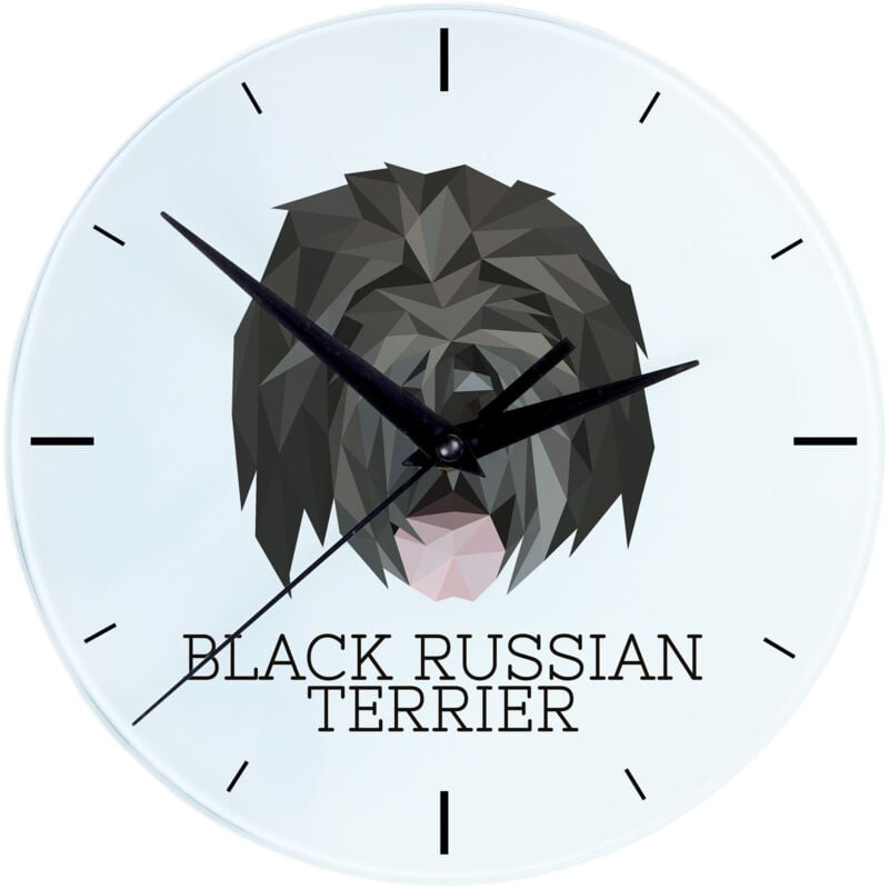 foto del prodotto terrier nero russo, terrier nero russo orologio da parete geometrico con una foto e una scritta di art dog