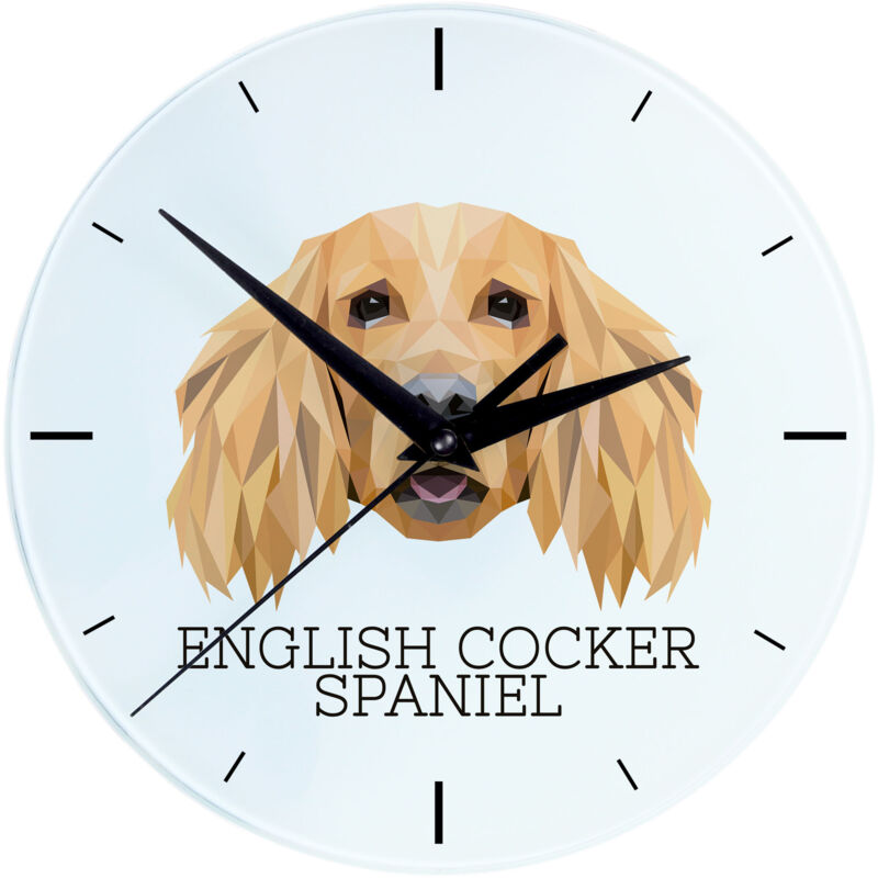 foto del prodotto cocker spaniel inglese orologio da parete geometrico con foto e scritta di art dog