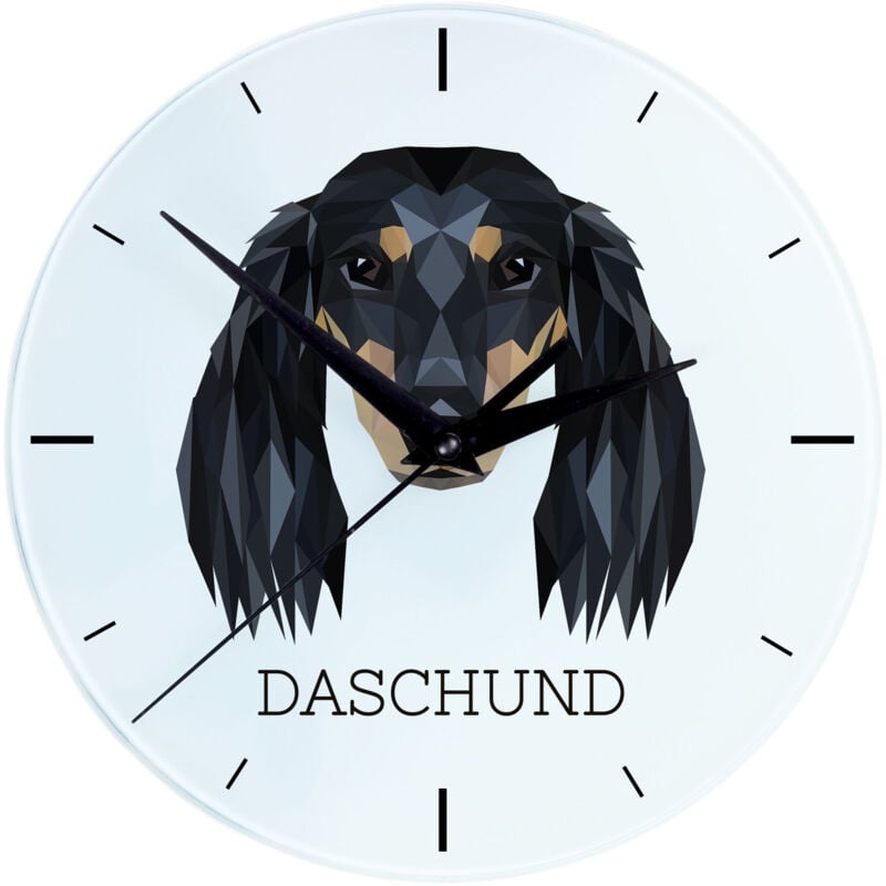 foto del prodotto bassotto a pelo lungo orologio da parete geometrico con foto e scritta di art dog