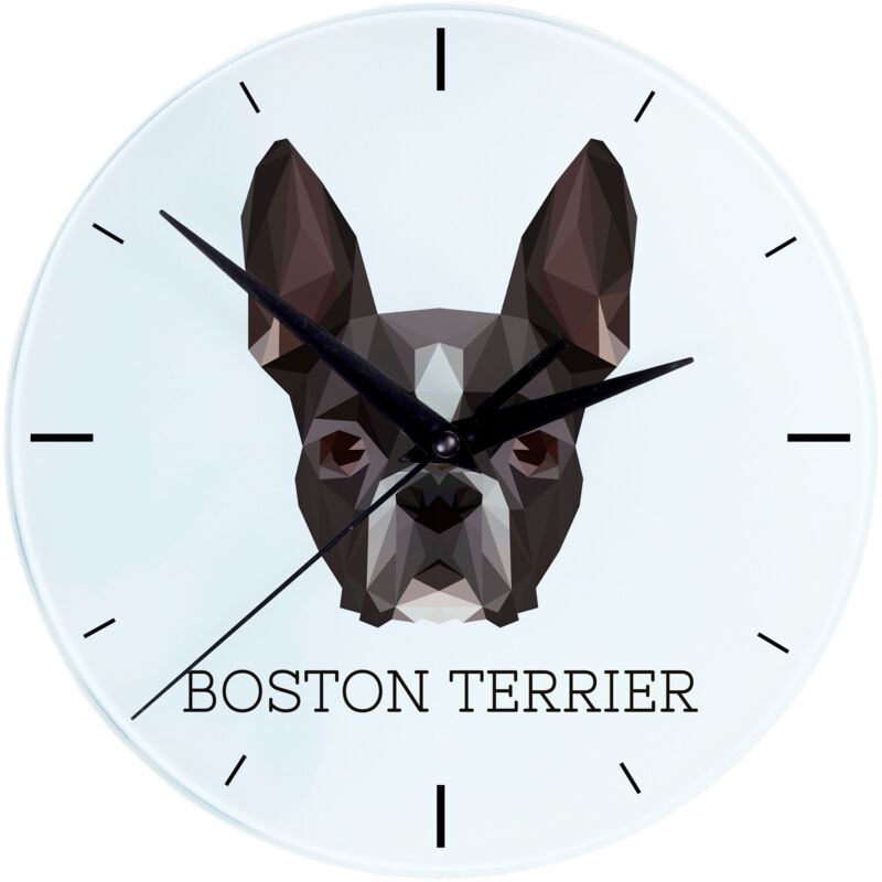 foto del prodotto boston terrier, boston bull terrier orologio da parete geometrico con foto e scritta di art dog