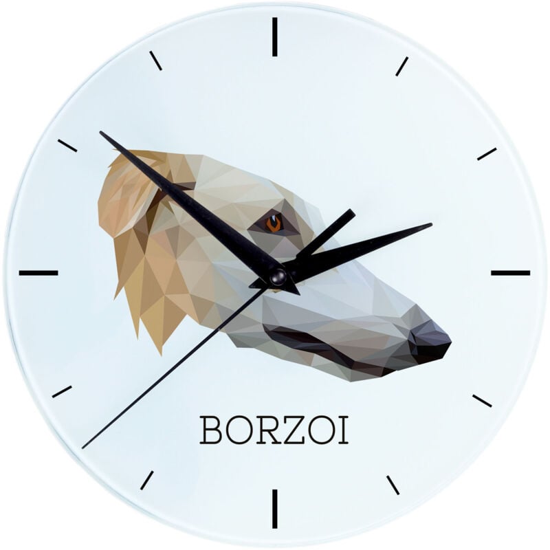 foto del prodotto levriero russo borzoi, borzoi, barzoi orologio da parete geometrico con foto e iscrizione di art dog