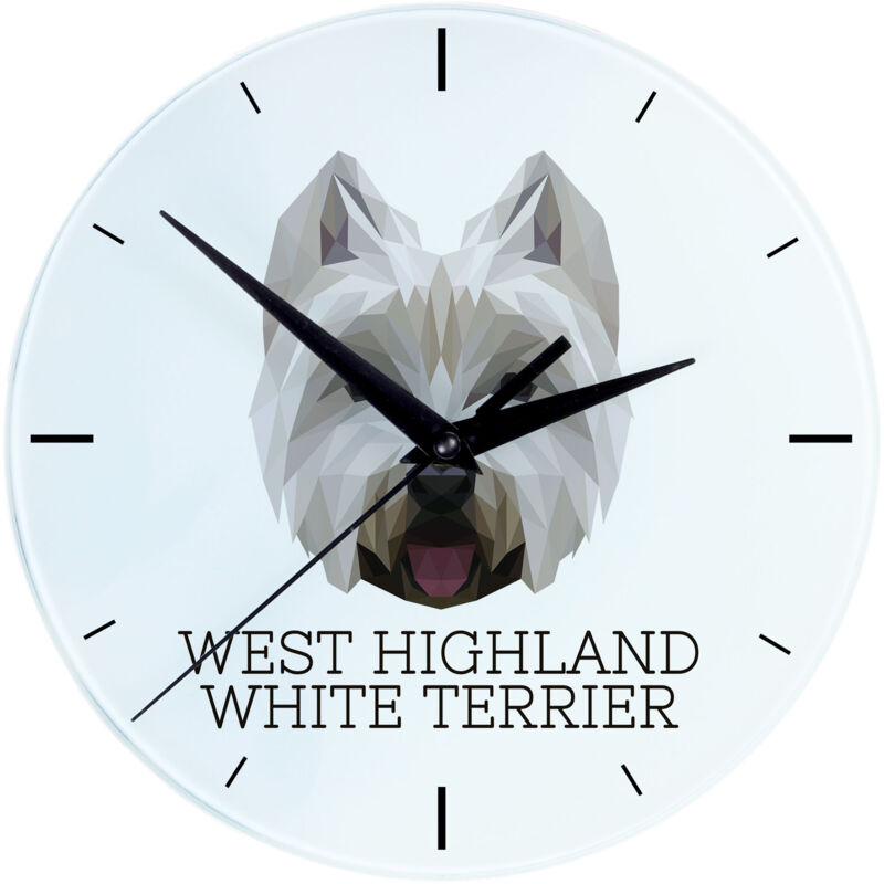 foto del prodotto west highland white terrier, westie orologio da parete geometrico con foto e iscrizione di art dog