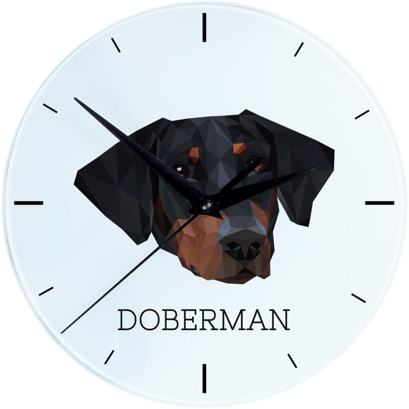 foto del prodotto doberman, dobermann orologio da parete geometrico con foto e scritta di art dog