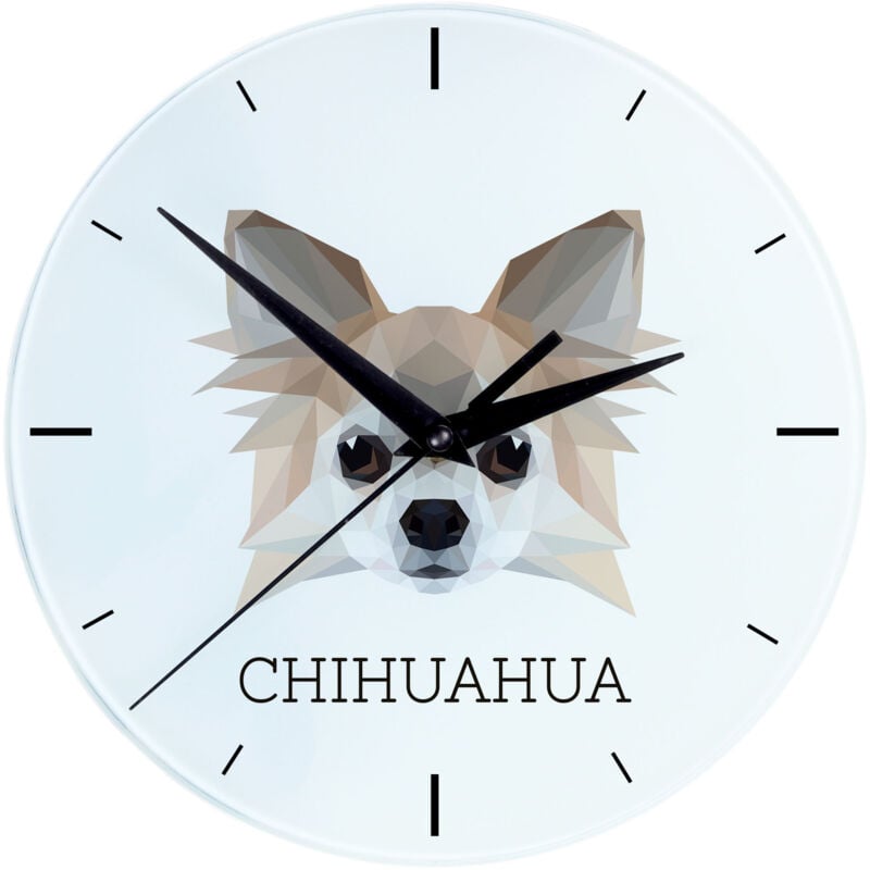 foto del prodotto chihuahua a pelo lungo orologio da parete geometrico con foto e scritta di art dog