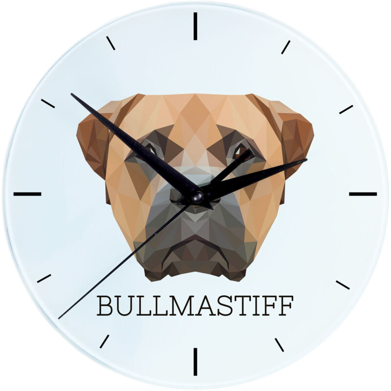 foto del prodotto bullmastiff, bulmastiff orologio da parete geometrico con foto e scritta di art dog