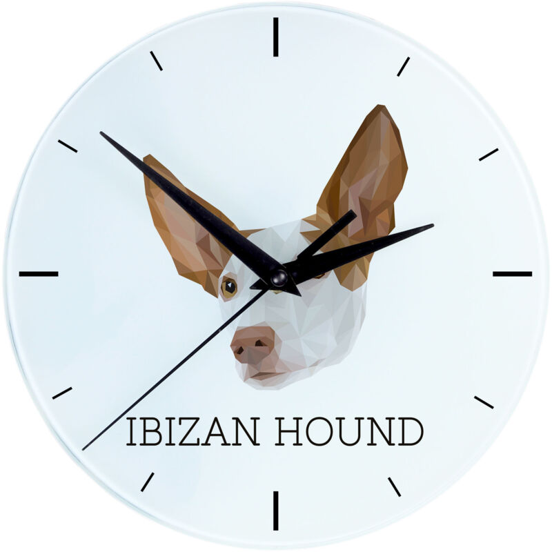 foto del prodotto podenco di ibiza, podenco ibicenco orologio da parete geometrico con foto e scritta del marchio art dog