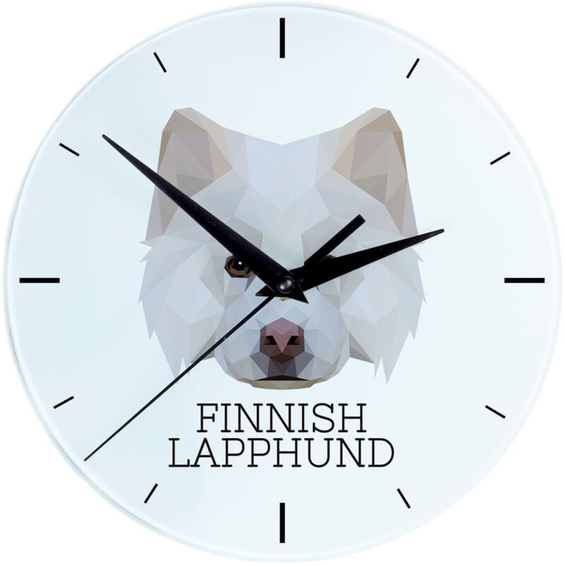 foto del prodotto finnish lapphund, finnish lapphund orologio da parete geometrico con immagine e scritta di art dog