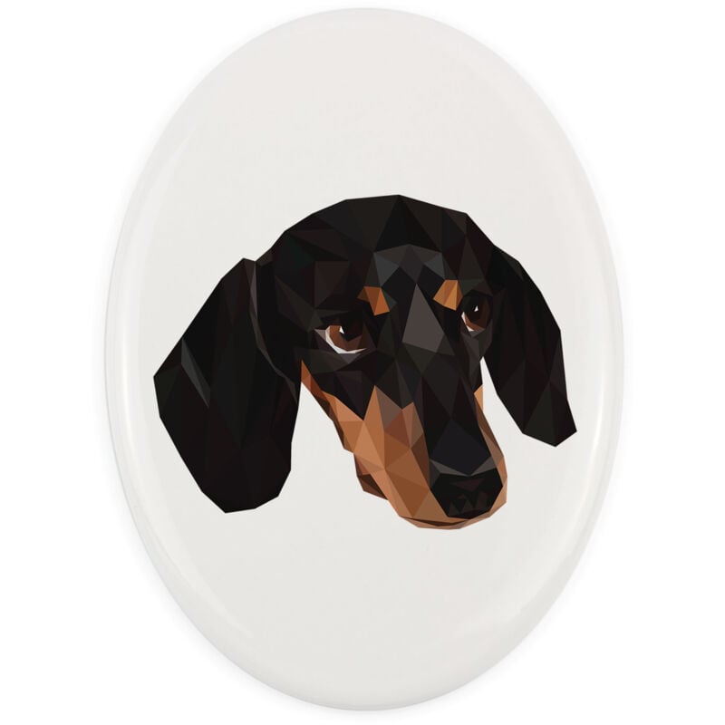 foto del prodotto bassotto a pelo corto piatto con foto e iscrizione geometrica di art dog
