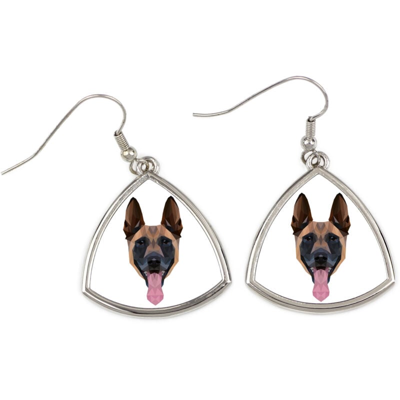 foto del prodotto pastore belga malinois orecchini con foto e scritta geometrica cane art dog