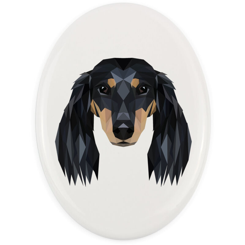 foto del prodotto bassotto a pelo lungo piatto con foto e iscrizione geometrica di art dog