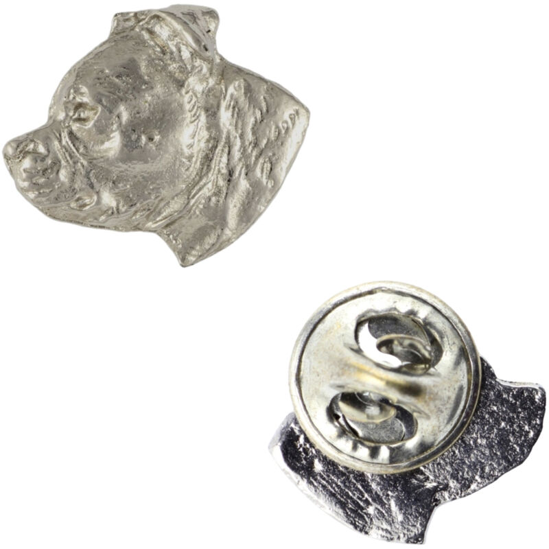 foto del prodotto staffordshire bull terrier, staffik, staffi spilla per cani placcata in argento, spilla elegante, decorazione per bavero giacca di art dog