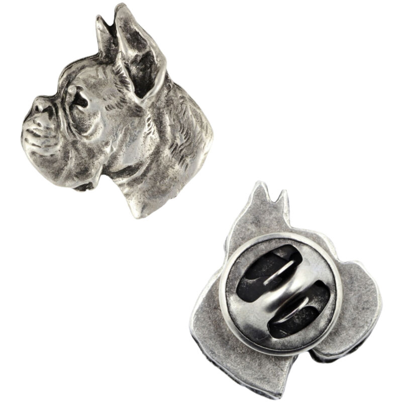 foto del prodotto boxer, boxer i spilla a forma di cane argentata, spilla elegante, decorazione per risvolto della giacca art dog