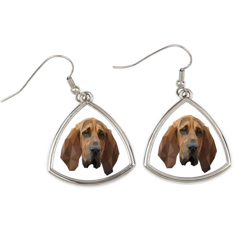 foto del prodotto bloodhound, il cane di saint huberta orecchini con foto e scritta cane geometrico art dog