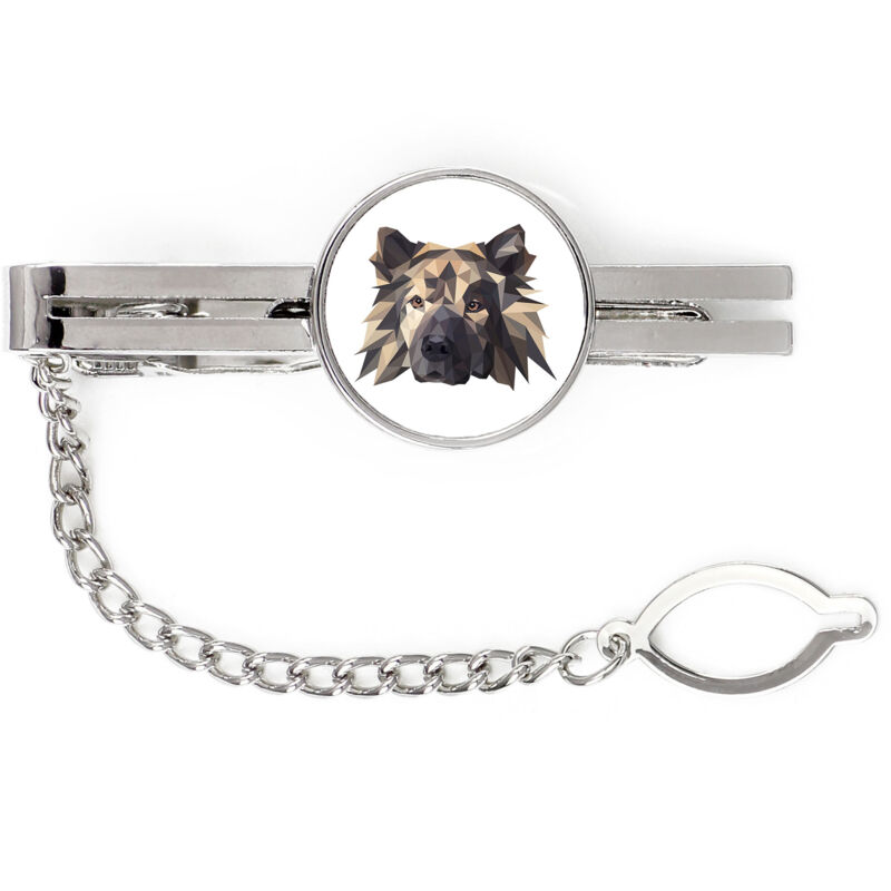 foto del prodotto eurasier, eurasiatico fermacravatta geometrico con foto e scritta art dog