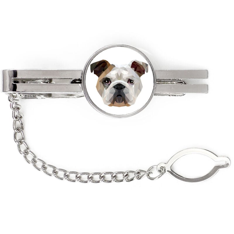 foto del prodotto bulldog inglese, bulldog fermacravatta geometrico con foto e scritta art dog