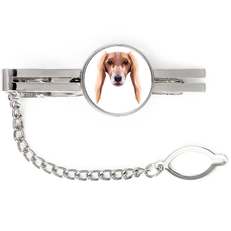 foto del prodotto levriero persiano, saluki fermacravatta geometrico con foto e scritta art dog