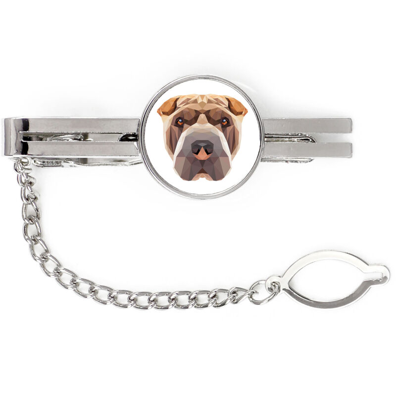 foto del prodotto shar pei fermacravatta geometrico con foto e scritta art dog