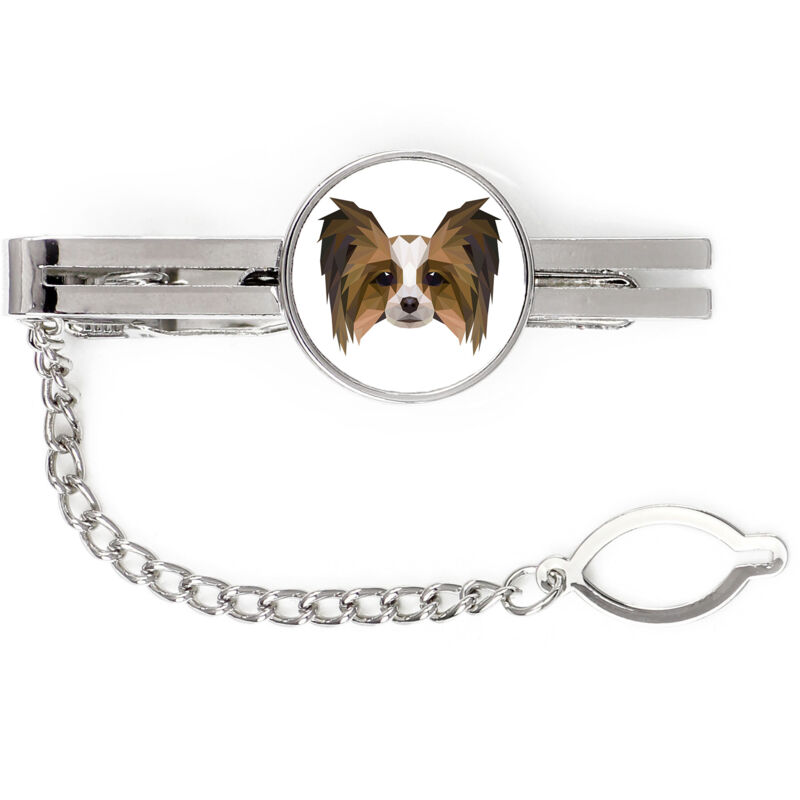 foto del prodotto papillon, spaniel continentale fermacravatta geometrico con foto e scritta art dog