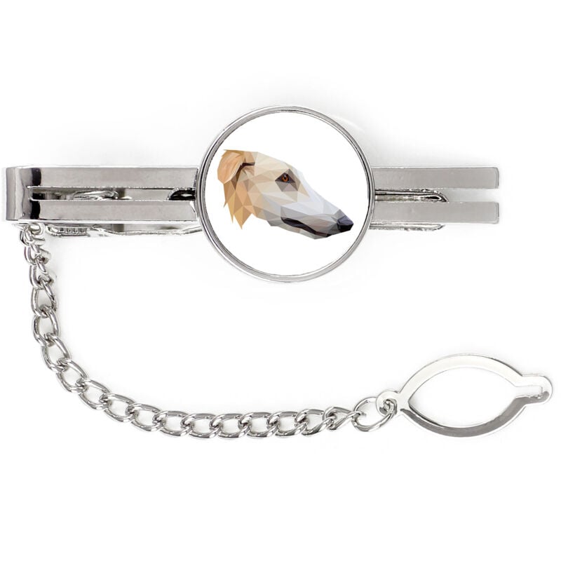 foto del prodotto levriero russo borzoi, borzoi, barzoi fermacravatta geometrico con foto e scritta art dog