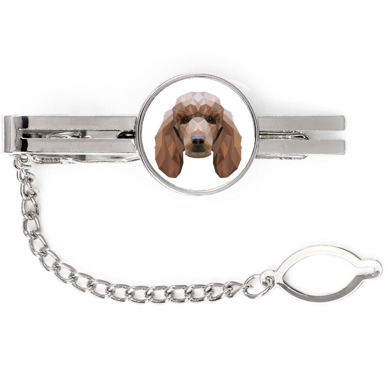 foto del prodotto barboncino fermacravatta geometrico con foto e scritta art dog
