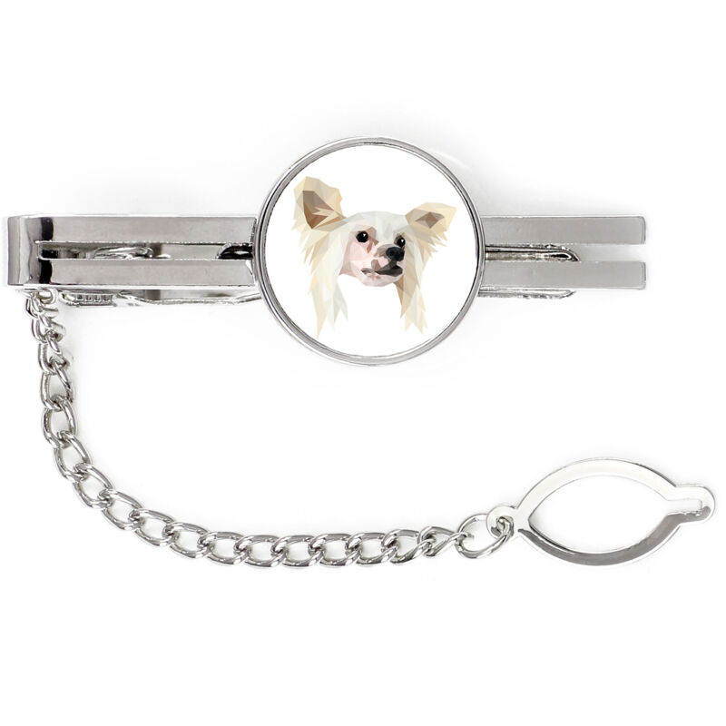 foto del prodotto chinese crested fermacravatta geometrico con foto e scritta art dog