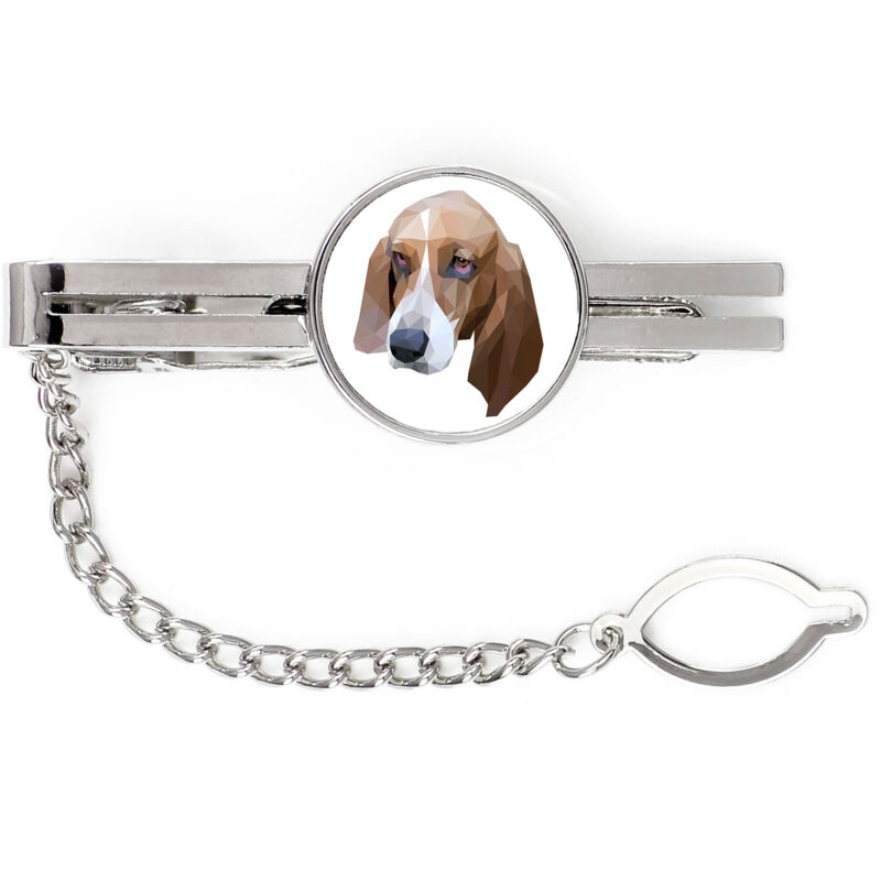foto del prodotto basset hound fermacravatta geometrico con foto e scritta art dog