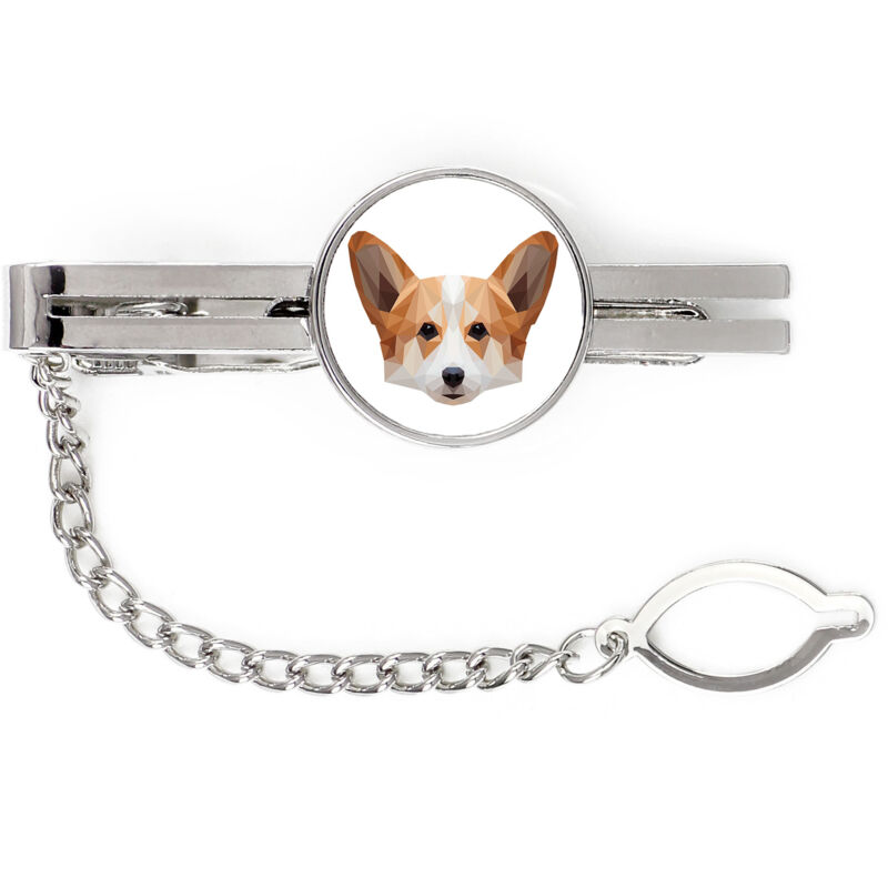 foto del prodotto pembroke welsh corgi fermacravatta geometrico con foto e scritta art dog