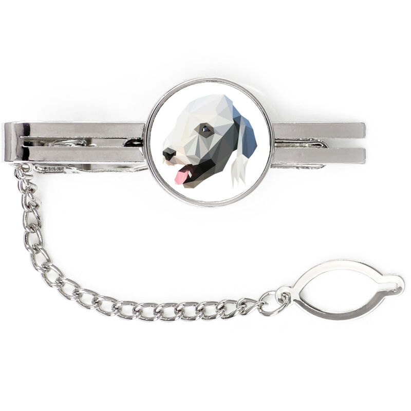 foto del prodotto bedlington terrier, rothbury terrier fermacravatta geometrico con foto e scritta art dog