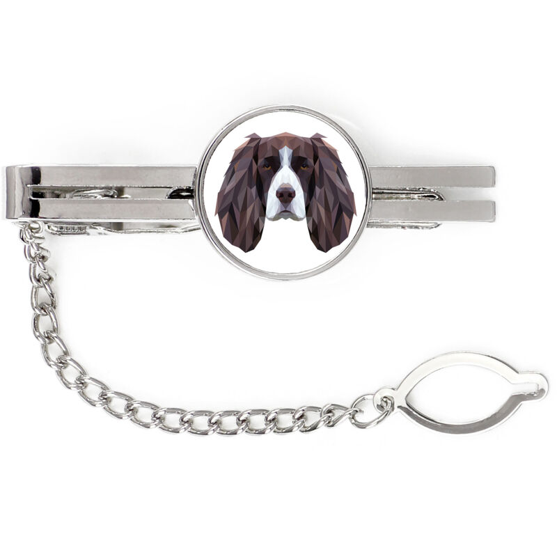 foto del prodotto springer spaniel inglese fermacravatta geometrico con foto e scritta art dog