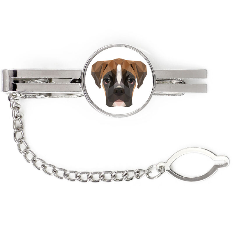 foto del prodotto boxer, boxer iii fermacravatta geometrico con foto e scritta art dog