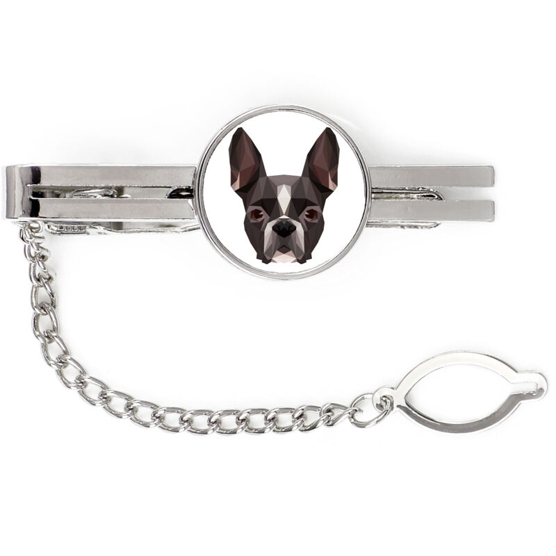 foto del prodotto boston terrier, boston bull terrier fermacravatta geometrico con foto e scritta art dog