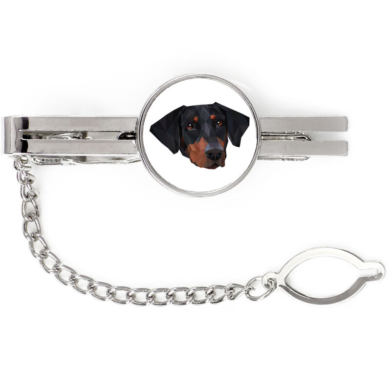 foto del prodotto doberman, dobermann fermacravatta geometrico con foto e scritta art dog
