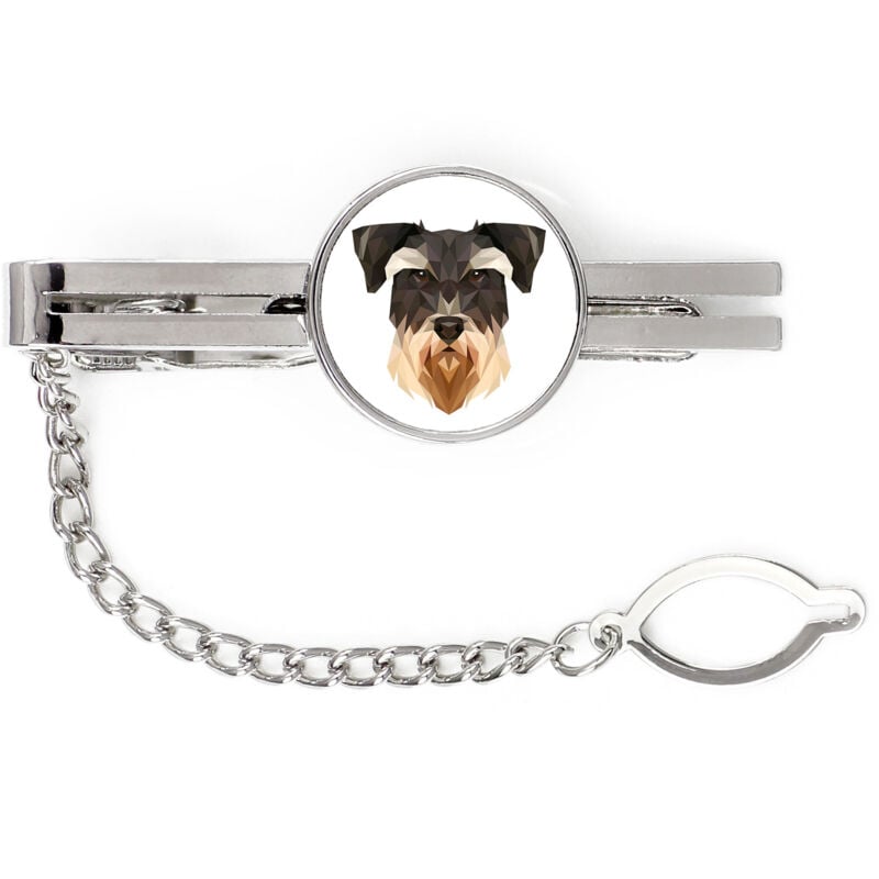foto del prodotto schnauzer, schnauzer fermacravatta geometrico con foto e scritta art dog