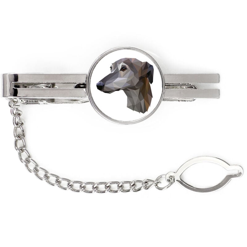 foto del prodotto greyhound, english greyhound fermacravatta geometrico con foto e scritta art dog