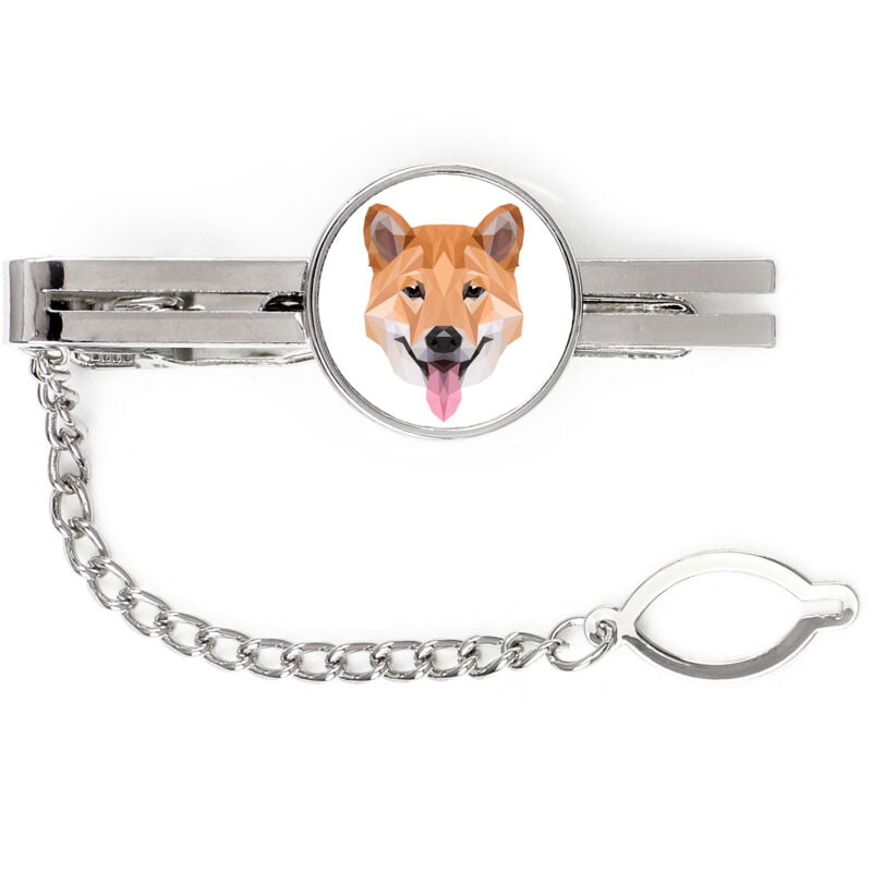 foto del prodotto shiba inu fermacravatta geometrico con foto e scritta art dog